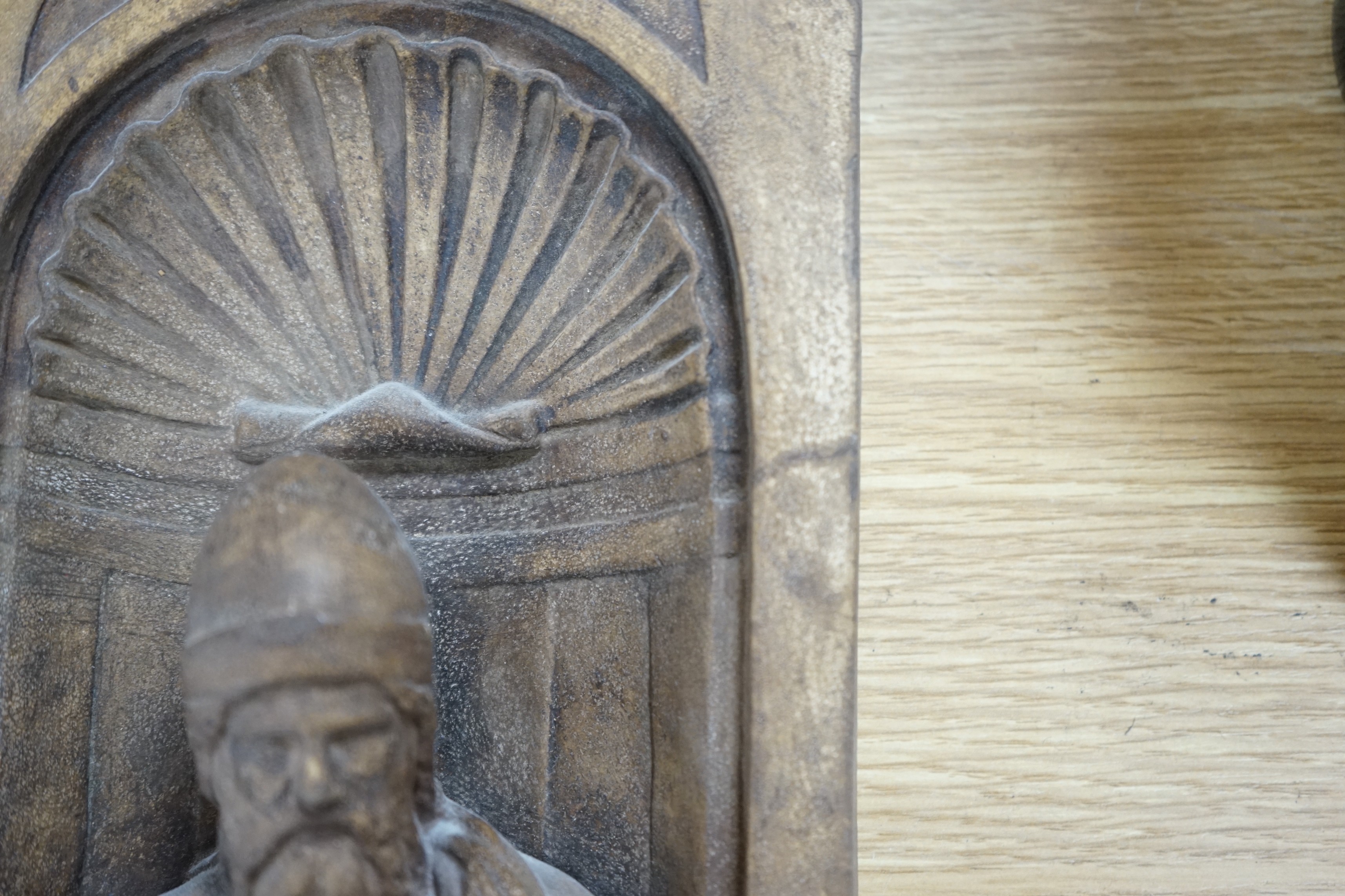 A religious cast plaster figure in niche, numbered 2362. 53cm tall